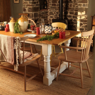 farmhouse dining table with chairs and benches
